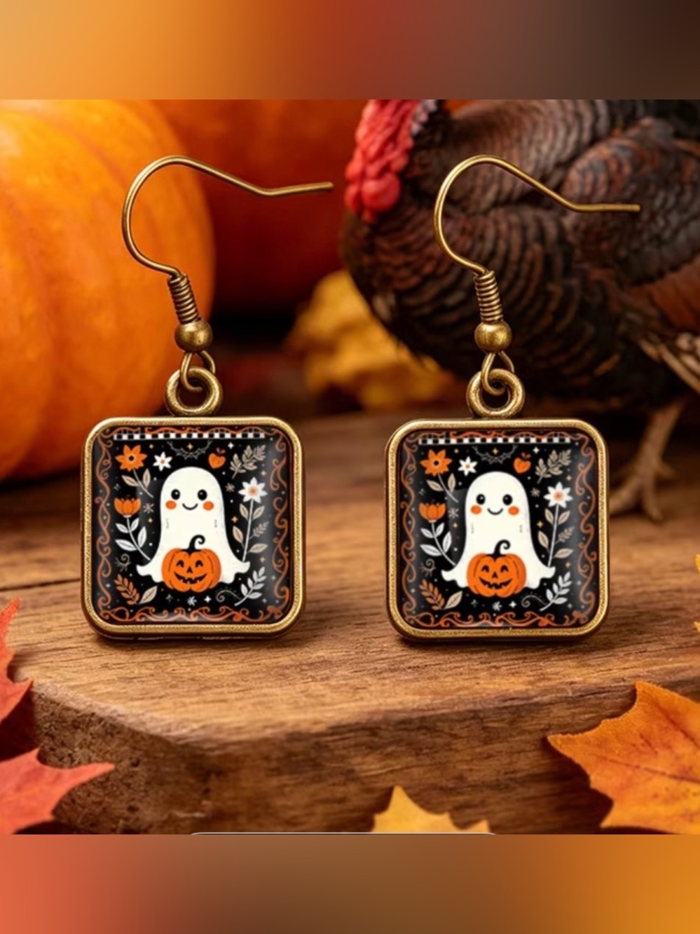 Vintage Ornate Square Ghost & Pumpkin Earrings 👻✨